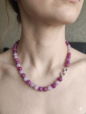 8mm Faceted Natural Ruby and Kunzite Bead Necklace